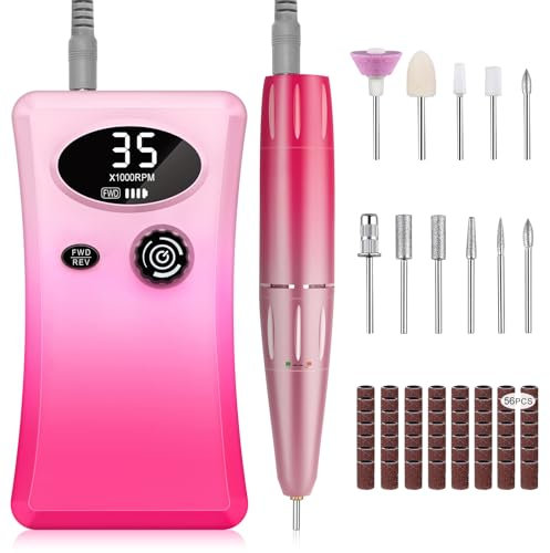 Urbuti Ponceuse pour Ongles Professionnelle, 35000 RPM Portable Rechargeable Lime à Ongle avec 12 Embouts et Affichage LCD, Vitesse Réglable Puissante pour Manucure et Pédicure-Rose Dégradé