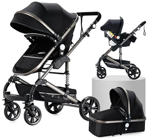 3 in 1-Kinderwagen-Buggy | Dreieckiger Stabilitätsrahmen & Federverdichtung vorderer Räder | Kompakter Ein-Knopf-Faltmechanismus für einfaches Lagern(Schwarz)
