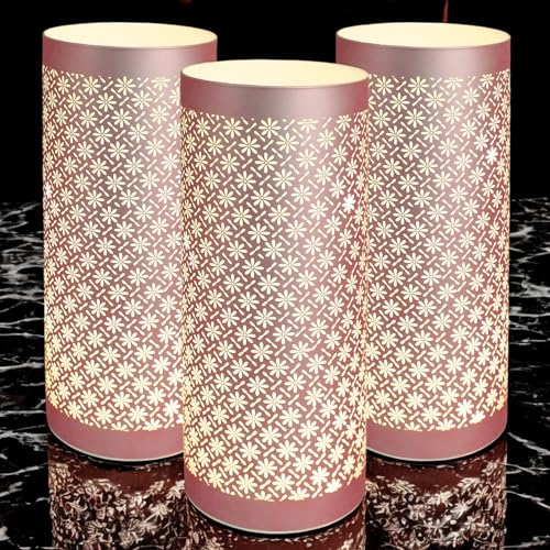 Tooltime Set of 3 Large Glass LED Table Lamps with Illuminated Flower Petals Design | Freestanding Battery Operated Cordless Lights | Metallic Pink Finish with Floral Pattern