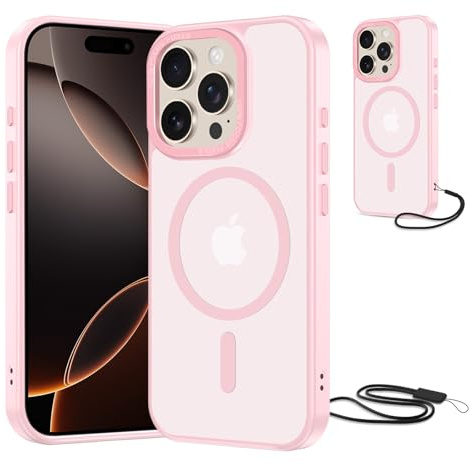 NEW'C Magnétique Coque pour iPhone 16 Pro Max (6,9 Pouces), Compatible avec MagSafe Antichoc Ultime avec Cordon – Magnétisme Puissant et Protection Militaire -Etui Translucide Mat - Rose