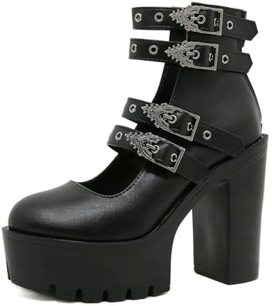 Damen 13cm Chunky Heel Punk Plateau Pumps mit Nieten Schnalle - Schuhe für Nachtclub, Konzerte, Partys,Schwarz,42 EU