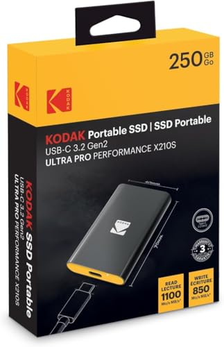 Kodak X210S - SSD Externo portátil (Aluminio y USB 3.2 Gen2), Compatible con PC Mac PS5 X210S, 250 GB, Peso Ligero, Cable USB-C Incluido, para Juegos y Trabajo