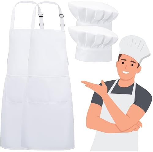 Kiuiom Delantal De Cocina Gorro Cocinero,Ajustable Delantal De Cocina y Gorro,Delantal Blanco,Delantal y Gorro de Cocinero Adulto,Mandiles con Bolsillos para Cocinar Hornear Jardinería