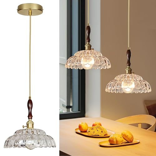 YINYI E27 Transparent Glas Pendelleuchten, Modern Hängelampe Küche Insel mit Messing Schalter, Höhenverstellbar Pendellampe Hängend Glas Esstischlampe für Esszimmer Wohnzimmer Schlafzimmer