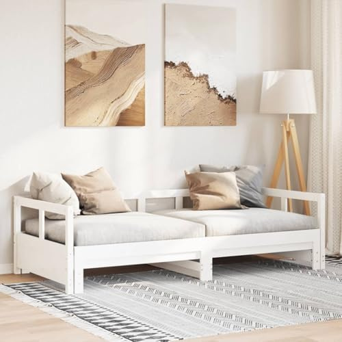 Hoopleep White Daybed Frame, Extendable Solid Pine Wood Sofa Bed, 90x200 cm, Convertible Twin to Double Sleeper, Sturdy Slatted Platform Base for Living Room, Guest Room