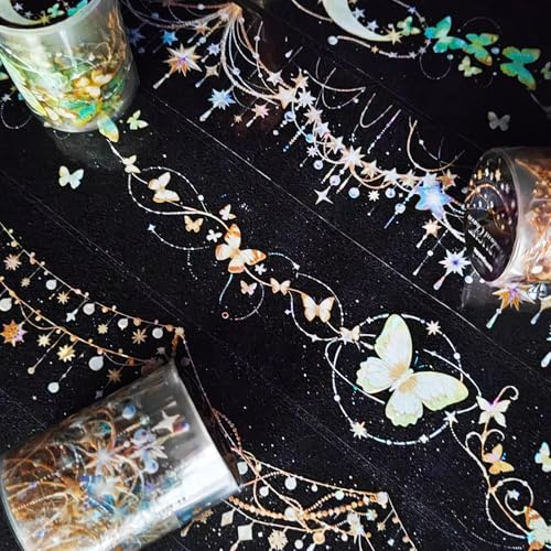 MisKepaa PET Washi Tape Set,3 Rolls Transparent PET Washi Tape Stickers Zubehör,Self-Adhesive Dreamy Aesthetics Sticker for Journaling,Scrapbooking,Junk Journal,Tagebuch,DIY Handwerk(Starry Chain2)
