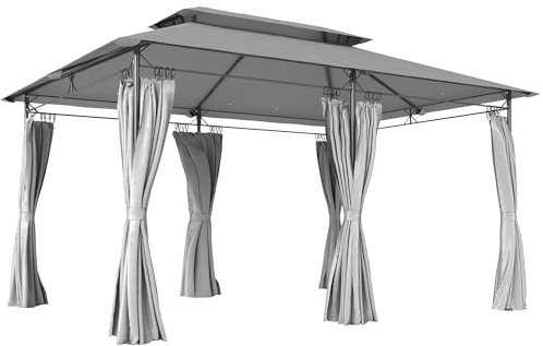 Outsunny Pavillon 4x3 m Stabil Winterfest mit Doppeldach, Dunkelgrau | 6 Seitenteile, Ablauflöcher, Gartenpavillon, Garten Pavillon aus Metall, für Garten, Terrasse