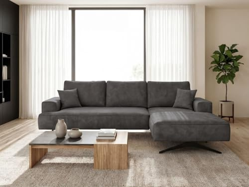 GRAINGOLD Leto Ecksofa 260x165 cm, L-Form Sofa, Ecksofa für Wohnzimmer, Velours-Stoff, 3-Sitzer Eckcouch, Modernes Design (Anthrazit, Rechts)