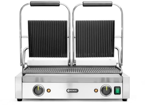 HENDI Piastra Elettrica a Contatto Doppia, Grill/Griglia Panini Professionale, Piastre Rigata in Ghisa Smaltata, 230V, 3600W, 570x375x(H)216mm, Acciaio Inox