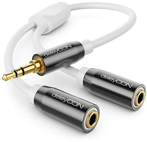 deleyCON 0,2m Trinquetes de Audio Y Divisor Cable - AUX Enchufe de 3,5mm en Enchufe 2X 3,5mm - Cable Adaptador Y de Jack Estéreo de 3,5mm