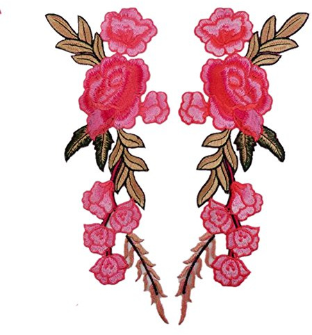(Pack of 2) 7 Peony Flowers on Vine Embroidered Appliques Sew or Iron on Patches(Rose)