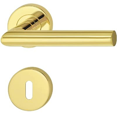 JUVA Drückergarnitur Gold Messing PVD-beschichtet [BB - Buntbart] 1x Set Tür Beschläge Rund-Rosette I Türgriffe Innentüren L-FORM I Türklinke für Türstärke 35 – 47 mm Türbeschlag