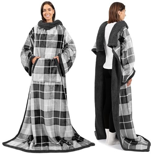 PAVILIA Sherpa Wearable Blanket with Sleeves and Pocket, Plush Thick Cozy Body Blanket Wrap for Adult Women Men, Christmas Gift for Wife Mom, Plaid Grey