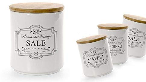tris set 3 pz barattoli in ceramica 10 * 12 cm tappo legno sale zucchero caffè 754166