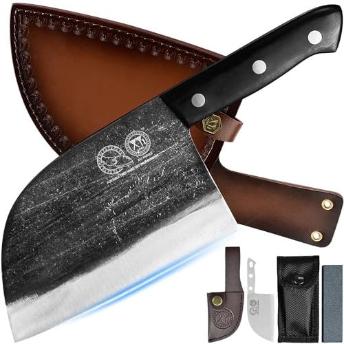 XYJ Auténtico desde 1986, excelente forja antigua, espiga completa de 6.7 pulgadas, cuchillo de chef serbio, cuchillo de carne de chef, cuchillos de cocina, juego con funda de cuero, llevar y
