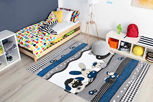 rugsx Kinderteppich Petit für Babyzimmer, Spielteppiche, Kinderzimmer, Farm Bauernhof Tiere blau 120x170 cm