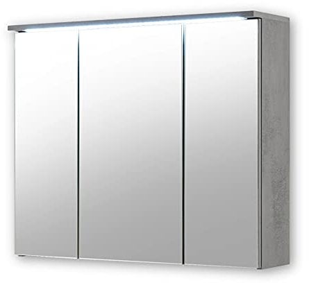 Stella Trading Spiegelschrank Bad mit LED-Beleuchtung in Old Wood Optik, Betonoxid - Badezimmerspiegel Schrank mit viel Stauraum - 80 x 68 x 23 cm (B/H/T)
