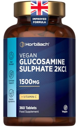 Vegan Glucosamine Sulphate 2KCl 1500mg | with 24mg Vitamin C | 360 Tablets | High Strength Glucosamine 2KCl Supplement | by Horbaach