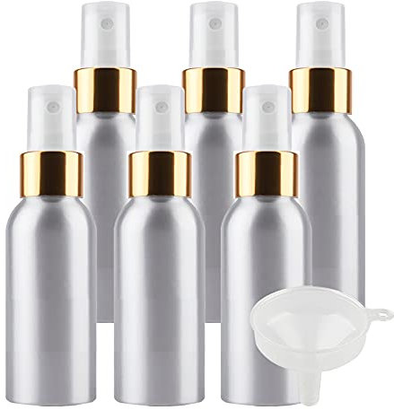 TIANZD 6 Pcs 100ml Empty Silver Aluminium Fine Mist Spray Bottle with White/Gold Metal Spray Head Refillable Travel Alu Bottles for Body Sprays, Room Fragrances, Perfumes, Hair, Garden, Funnel