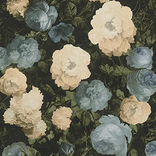 Papier peint grosses fleurs vintage salon & chambre | Tapisserie fleurie effet ancien grise & beige | Papier peint fleuri fond noir | Papier excellent rapport qualité/prix