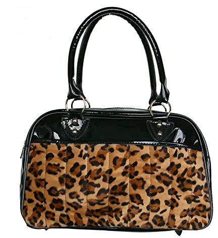 ROCK DADDY Estd 2000 ROCK HARD CLOTHING Rockabilly Leopard Kunstfell Vegan Handtasche Shopper Shopping Retro Rockabella Henkeltasche für Damen (Handtasche aus Lack mit Braunem Leofellaplikation)