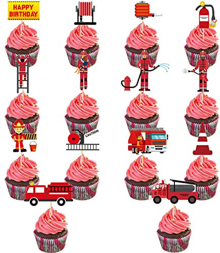 GoldRock 14 pcs Feuerwehr Geburtstagsfeier Deko,Feuerwehr Kuchendeckel,Party Cake Topper Feuerwehrauto,Feuerwehrmänner Cupcake Deko,Feuerwehr Kuchen Deko Feuerwehr Thema Geburtstagsfeier Liefert