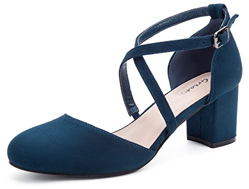 Greatonu Womens Court Shoes Mid Heel Chunky Dress Sandals Ladies Ankle Strap Wedding Party Pumps Blue Size 7