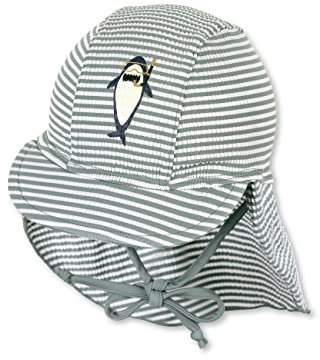 Sterntaler Schirmmütze Hai – UV-Schutz 50+ Baby Mütze mit Nackenschutz & Bindeband – Sonnenmütze aus Seersucker mit Hai-Druck – Bademode für Schwimmbad und Strand, mattgrün, Größe 49