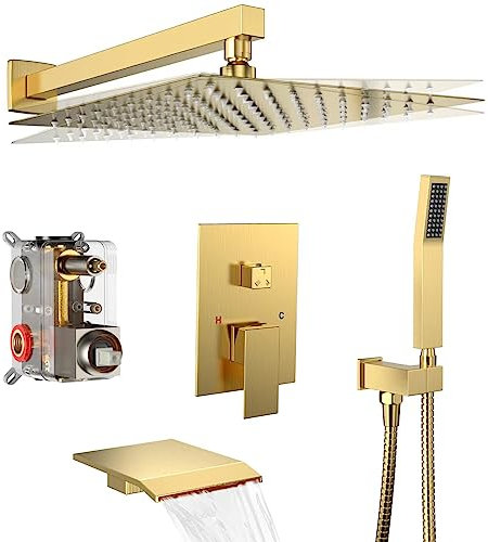 Duschsystem Regendusche Wasserhahn Set mit Wannenauslauf, 25,4 cm Badezimmer Wandmontage Wasserfall Badewanne Wasserhahn mit Handbrause und rauem Ventilkörper und Verkleidungsset, gebürstetes Gold