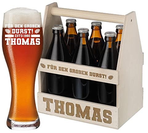polar-effekt Bierglas + Bierträger aus Holz mit personalisierter Wunschgravur - Für den großen Durst - 1x Flaschenträger - 1x Weizenbierglas 500 ml - Männerhandtasche - Geschenk - Mann, Papa, Opa