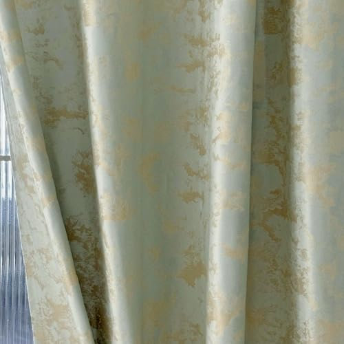 Amidoudou Luxury Velvet Curtains 2-Pack 66x90 Inch - Light Green Retro Gold Embroidered Drapes for Bedroom & Living Room, Thermal Insulated Blackout Grommet Top