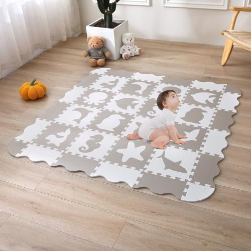 INTOMENG Kindermatte Puzzlematte Baby Play Mat for Floor Interlocking Eva Foam Puzzle Mat Krabbeldecke FüR Baby Druckmuster von Meeresorganismen Krabbelmatte rutschfest 142×142×1cm, Beige Modell 16
