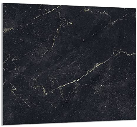 DarHaus Paraschizzi da cucina in vetro temperato 65 x 60 cm – Vetro decorativo con nastro adesivo – Pannello posteriore in vetro per cucina, Copri piano cottura induzione, Marmo nero