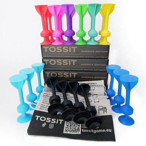TOSSIT Spiel Saugnapf Darts, Indoor Outdoor Drinnen Draußen, Boccia, Petanque, Wurfspiel, Nachhaltig langlebig Silikon, Boden oder Wand, 8 Farben, Quad Pack, Rot Cyan Rosa Blau Violett Grün Blau Gelb