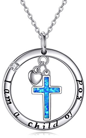 VONALA Opal Kreuz Halskette 925 Sterling Silber anhänger Kette Schmuck Kommunion Geschenke für Damen Mädchen - I am a child of god (Opal Kreuz Halskette)