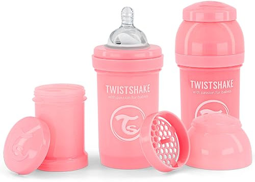 Twistshake Biberons Anti-Coliques Avec Récipient Pour Lait En Poudre Et Mélangeur - 2x 180ml | Tétine En Silicone À Débit Lent | Biberon Sans BPA | 0+ Mois | Rose