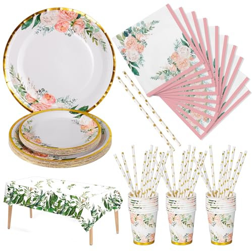 Nkaiso Blumen Partygeschirr Set 126 Stück Party Geschirrset mit Blumen Pappteller, Pappbecher, Servietten und Strohhalme für Geburtstag Deko Hochzeiten Jubiläums Baby Shower-25 Gäste