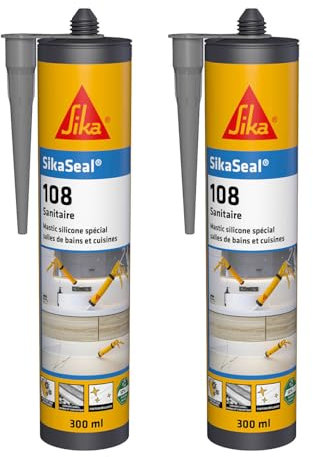 SikaSeal 108 Sanitaire Gris, Mastic Cuisine & Salle de Bain Anti-Moisissures, joints silicone sanitaire longue durabilité sur multi-supports, 300ml (Lot de 2)