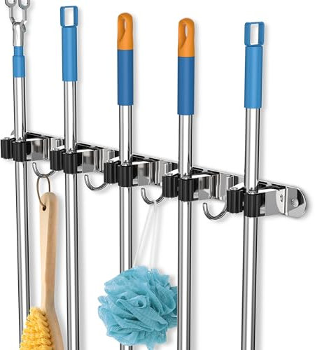 Colgador de pared para Escobas y Fregonas, 5 Soportes y 4 Ganchos Negros, Acero Inoxidable, con Clavos, Cuelga Escobas Pesado para Hogar, Cocina, Garajes
