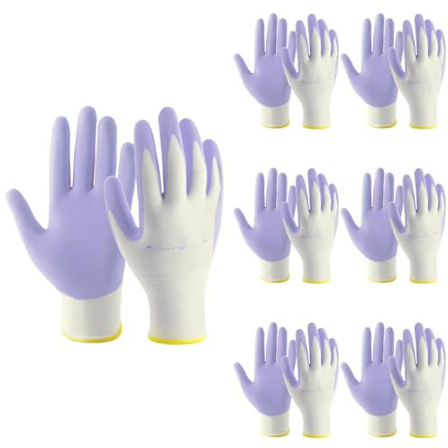 HANDLANDY 6 Pairs Gardening Gloves for Women Latex Free, Breathable Nitrile Coated Secure Grip Garden Gloves Yard Work Gloves (Purple, M)