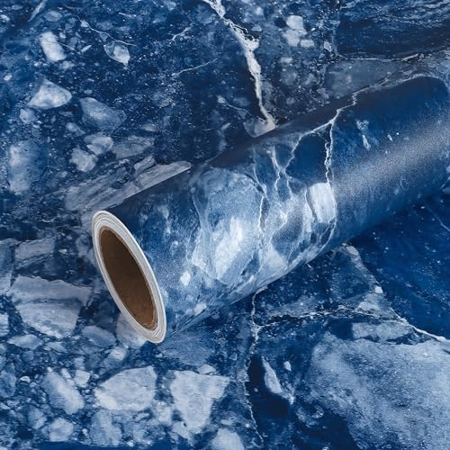 VEELIKE Papier contact marbre bleu pour comptoirs – Papier peint autocollant pour comptoir de cuisine et salle de bain – Papier peint autocollant en marbre bleu – 40 x 300 cm