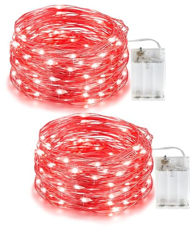 Rote Lichterkette Batterie, 5M 50LED Micro LED Lichterkette, IP65 Wasserdichte Lichterkette für Weihnachten, Urlaub, Festival, Zimmer, Außen, Innen, Party, 2er Pack