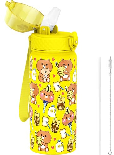 GOPPUS 550ml/18oz Kinder isolierte Wasserflasche mit Strohhalm Doppelwandige Edelstahl Kinderflasche Vakuum isoliert Stahl Metall auslaufsicher Trinkflasche Kleinkind Thermosflasche BPA-frei