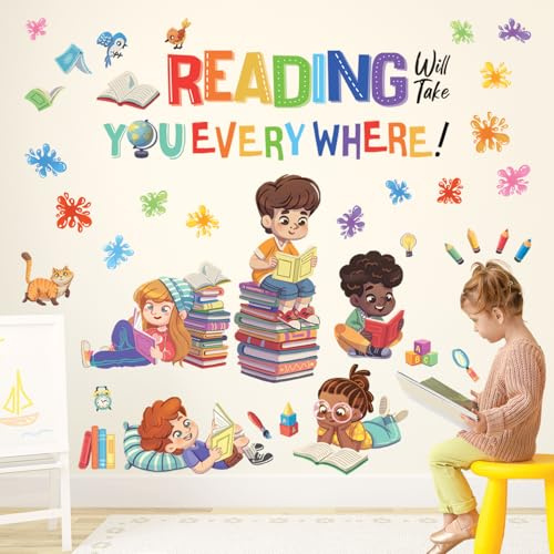 DECOWALL SG2-2404 Kinder lesen Ecke Wandtattoo Wandaufkleber Inspirationale Zitate Wandsticker für Baby Mädchen Jungen Kinderzimmer Schlafzimmer Lesen Zimmer Klassenzimmer Dekor Kunst Spielzimmer