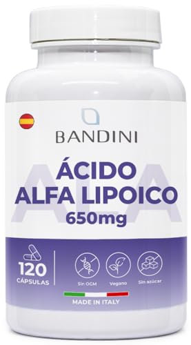 Bandini® Ácido Alfa Lipoico (ALA) 650 mg | 120 cápsulas de alta potencia para veganos | Máxima Absorción | Antioxidante Natural, ayuda a reducir la inflamación | Non GMO | Suministro para 4 meses