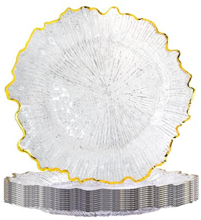 MAONAME 13 Clear Charger Plates, Round Reef Chargers for Dinner Plates, Plastic Plate Chargers for Table Setting, Wedding Decor, Set of 12