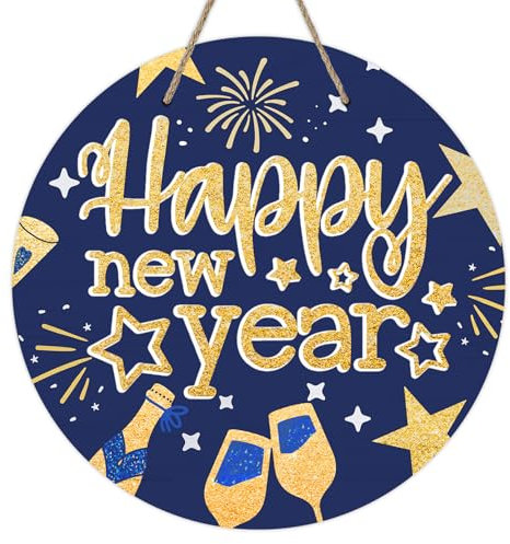 Deroro Happy New Year 2026 Front Door Sign, Blue Gold Champagne Celebration Wood Door Hanger Outdoor Outside Porch Decor, Golden Christmas Winter Party Wooden Wreath Indoor Wall Hanging Decoration