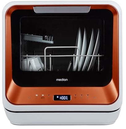 MEDION Mini lave-vaisselle DWT20 (lave-vaisselle de table, lave-vaisselle, 2 couverts, fonctionne avec/sans raccordement à l'eau, 6 programmes de nettoyage, biberons, départ différé, pose libre) orang