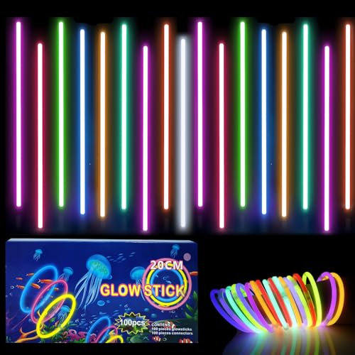 Knicklichter Kinder Party Set,100 Stück Leuchtstäbe Kinder+100 Verbinder,Schwarzlicht Deko Brillen&Armreifen Für Halloween,Weihnachten, Geburtstage,Hochzeit,Neon Leuchtstäbe Party Accessoires Set