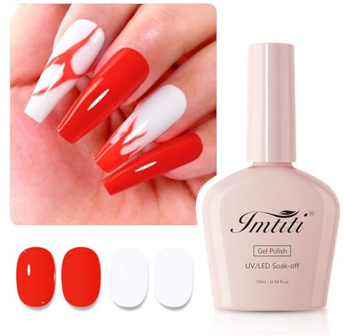 Imtiti Gel Nail Polish Kit, 2 Pcs 10ML Bright Red & White Colors Gel Polish Soak Off UV LED Spring Summer Red Gel Polish Nail Art Manicure Salon DIY Design Gel Nail Kit